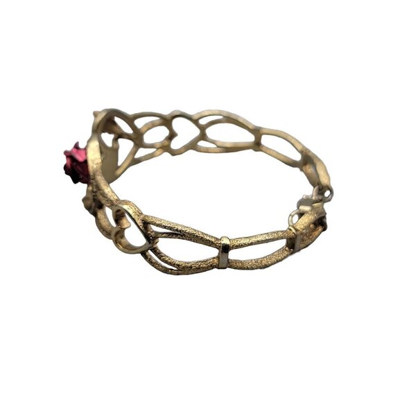 The Art of Beauty Cuff Bangle Bracelet Double Red Rose Buds Gold Tone Size 7 - Picture 10 of 16